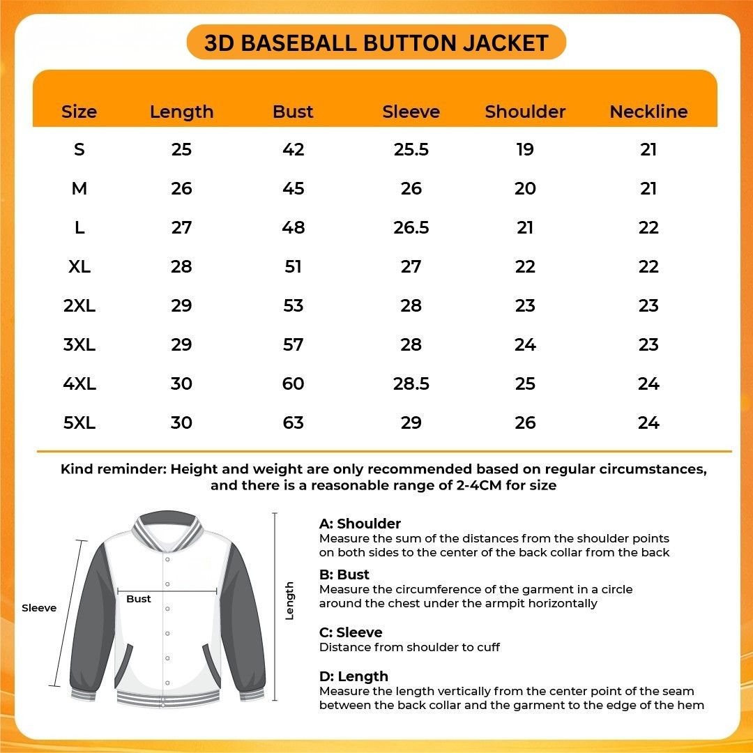 3D Baseball Button Jacket Size Chart - Initial D Store