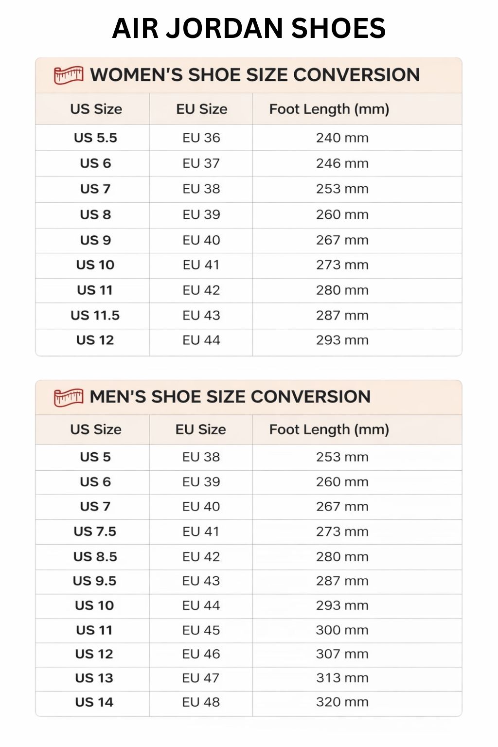 Air Jordan High Low Top Shoes Size Chart - Initial D Store