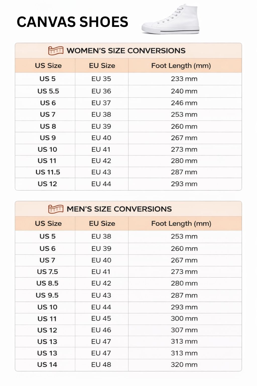 High Top Canvas Shoes Size Chart - Initial D Store