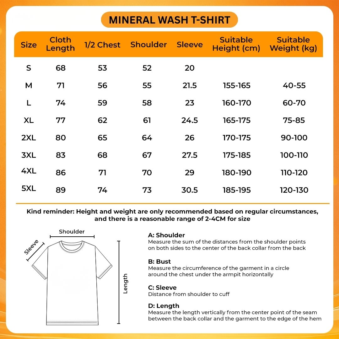 Mineral Wash T Shirt Size Chart - Initial D Store
